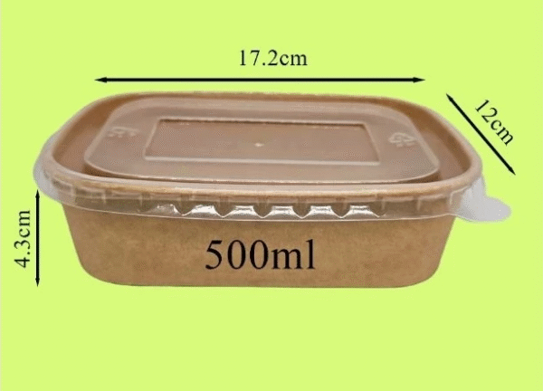 50pcs with PP Lid 500ml Kraft Paper Rectangular Lunch Bowl Food Box Container