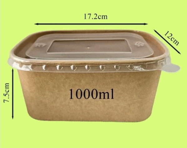 50pcs with PP Lid 1000ml Kraft Paper Rectangular Lunch Bowl Food Box Container