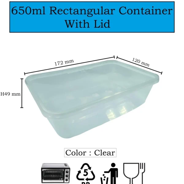 Rectangular Disposable Plastic Food Containers 650ml