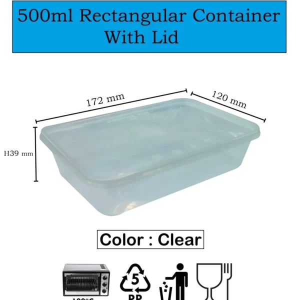 Rectangular Disposable Plastic Food Containers 500ml